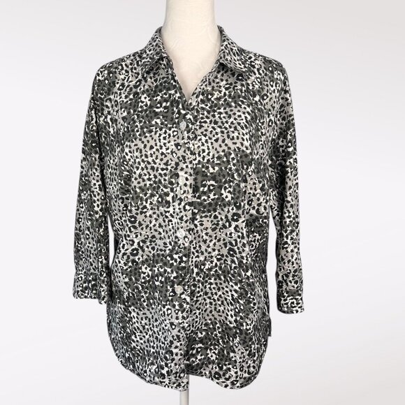 Rebecca Malone Button Up Shirt Animal Print 100% Cotton 3/4 Sleeve XL - Picture 1 of 8